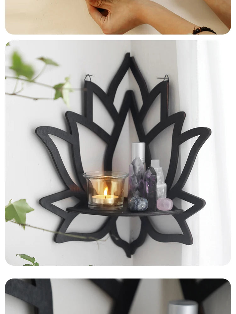Wooden Lotus Hollow Decorative Rack – Aromatherapy Organizer & Wall Shelf 