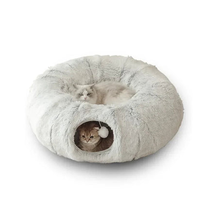 Winter Plush Cat Bed with Tunnel – Fluffy Donut & Peekhole Design Cavello & Co.